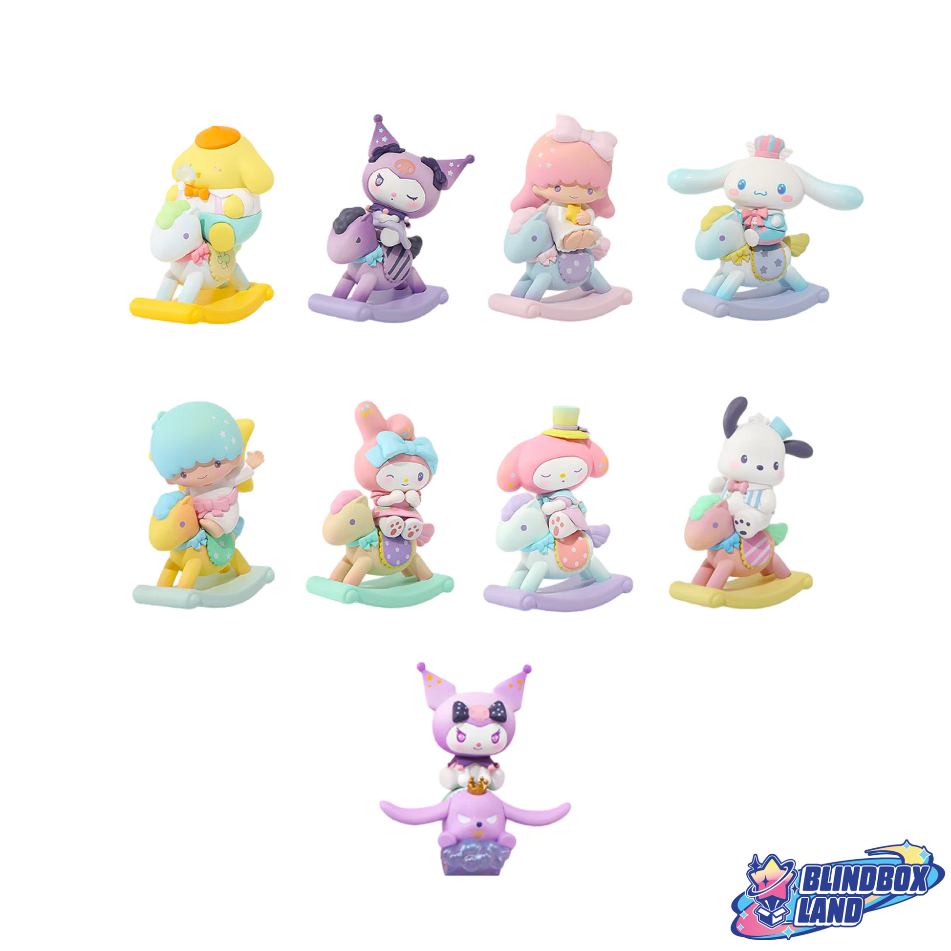 Sanrio Characters Childlike Heart Rocking Horse Series miniso Blindbox Mysterybox Pompompurin  My Melody Hello Kitty Kuromi Twin Stars Kiki Lala Cinnamoroll Pochacco 