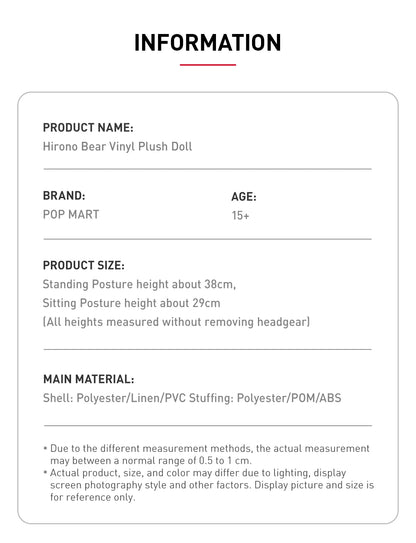POP MART Hirono Plush Bear Vinyl Infos Blindbox Land